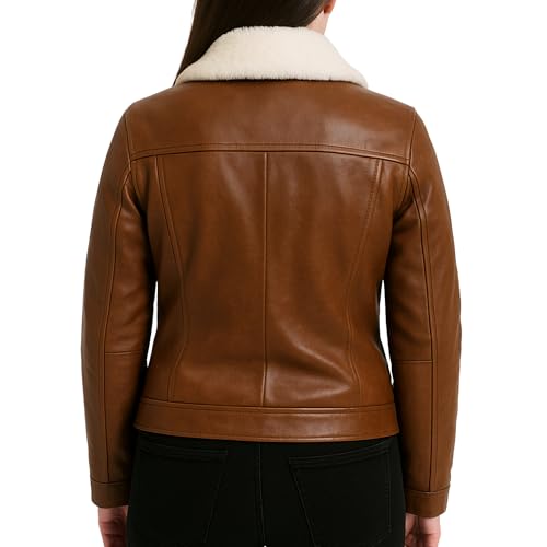 Women's Genuine Leather Jacket with White Faux Fur Collar – Brown Classic Bomber Style Soft Inner Lining2