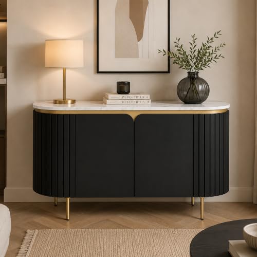Image of The Attic Carlston Sideboard, Multipurpose Cabinet for Kitchen and Living Room Storage, Solid Mango Wood, Black Matte Finish