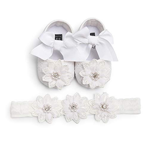 Image of ENERCAKE Baby Girl Shoes Soft Sole Floral Newborn Infant Mary Jane Flats Princess Wedding Dress Shoes(0-6 Months Infant, Ag-White)