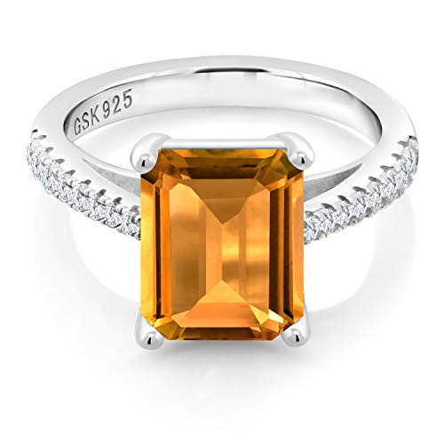 Gem Stone King 925 Sterling Silver Gemstone Birthstone and White Created Sapphire Ring For Women (Emerald Cut, Available in Size 5,6,7,8,9)