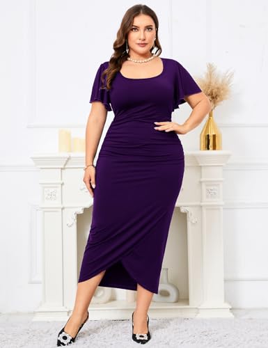 Image of ZOMVA 2024 Plus Size Cocktail Dress Comfortable Bell Sleeves Wedding Guest Square Neck Semi Formal