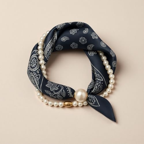 Women’s Magnetic Silk Necklace Scarf with Charm Buckle Satin Square Scarf for Neck Retro Paisley Floral Print2