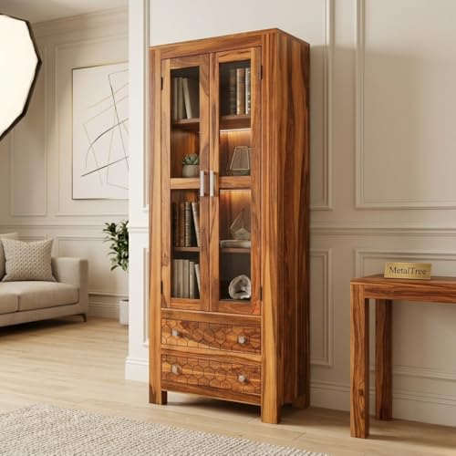 Image of Sheesham Wood Bookcases with 4 Shelves 2 Drawer - Wooden Kitchen Crockery Cabinet for Dining Room Kitchen with Glass Door Book Shelf Wooden Rack for Living Room (James Honey)