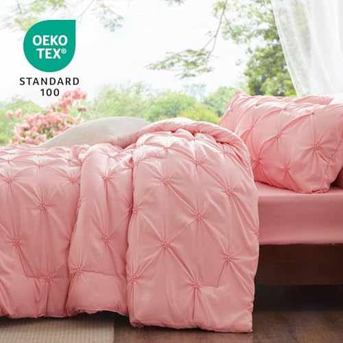 Image of BEDELITE Full Comforter Set Pink,Lightweight & Soft Comforter | Pintuck Boho Bedding, Warm & Cute Bed Set for All Season,With 2 Pillowcases