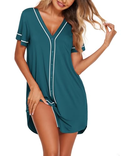 Image of Ekouaer Womens Nightgown Button Down Sleep Shirts Short Sleeve Nightshirt V-Neck Sleepdress Soft Sleepwer