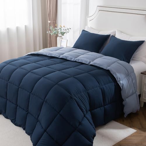 Image of KASENTEX King Comforter Set, Reversible, Goose Down Alternative, All Season | 250 GSM Fill, Ultra-Soft, Lightweight, Machine Washable, 1 Comforter + 2 Pillow Shams, Dress Blues /Tempest