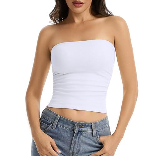 Comfyin Tube Tops for Women Strapless Bandeau Sleeveless Tank Top Backless Going Out Basic Shirts Summer Outfits White S