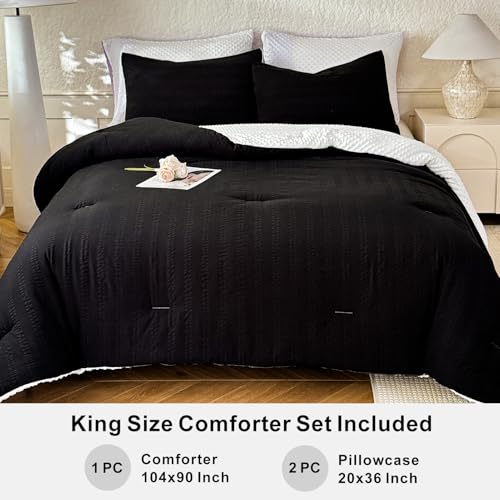 Image of tohrisa Boho Comforter Set King Size Striped Pleats Bohemian Seersucker Bedding Set All Season Soft Cozy 3 Pieces Quilt with 2 Pillowcases(104 inchX90 inch Black)