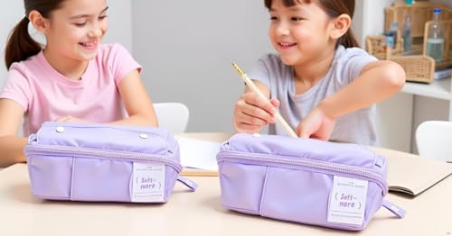 Image of Canvas School Bag Pencil Case, 3 Layer 6 Compartment Large Capacity, Aesthetic Pencil Pouch for Stationary, Cute Stationery for Kids, Pencil Case for Girls & Boys (Soft Purple)