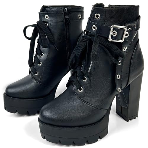 Image of FOREADA Goth Boots Chunky Heel Boot For Women Ankle Combat Booties Black Platform Bootie Buckle Rivets Punk Goth Shoes With Zipper