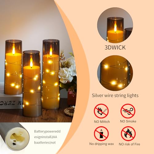 Image of Flameless Candles,with Embedded Star String, Battery Operated Candles Flickering LED Pillar Candles with Remote Control and Timer, Home Decoration Add a Warm and Romantic Atmosphere,Set of 7 (Grey)