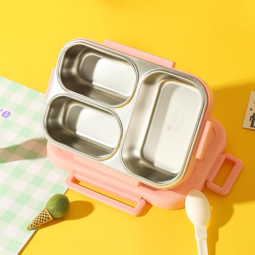 Image of QLECT Printed Dino Party Stainless Steel Lunch Box for Kids Adults, Insulation Keeps Food Warm,Food Grade Bpa Free,3 Compartments with Locking Lid & Steam Valve,Spill Leak Proof|1000Ml Pink
