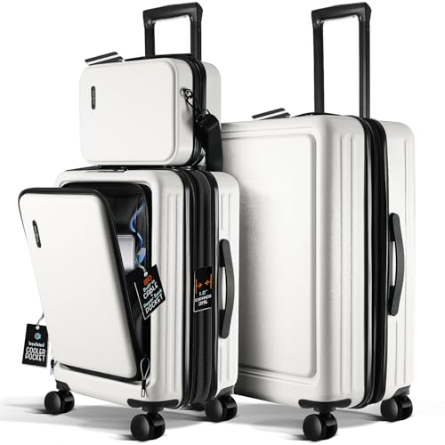 Image of Luggage Sets 3 Piece, 20 Inch Carry on Luggage and 24 Inch Suitcases with Wheels Spinner, Durable Hard Shell Suitcase Set, Expandable Travel Suitcase, White