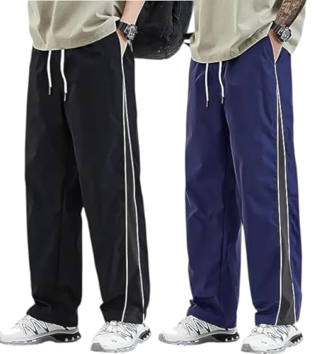 Image of Men's Track Pants Combo Pack of 2 | Loose Fit Sports Joggers with Side Stripe | Elastic Waist with Drawstring | Casual Gym Running Workout Pants