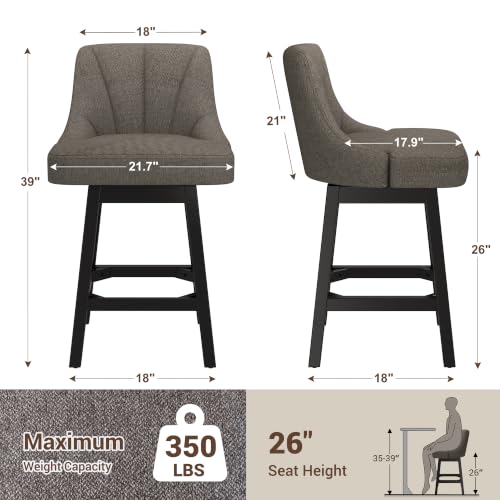 Image of YaFiti 26 inch Fabric Swivel Bar Stools Set of 4 with Back &Wood Leg,Deep Taupe | Linen Fabric, Extra Upholstered Seat, Counter Stool, Square Solid Wood Legs, with Backrest & Footrest, for Kitchen Island Bar