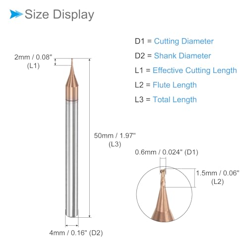 Image of Square Nose End Mill, 0.6mm x 2mm Cutting, Long Reach Titanium (Nano-Scale) Coated Carbide 2 Flutes CNC Router Bits - (Applications: for Stainless Steel Cast Iron Metal)