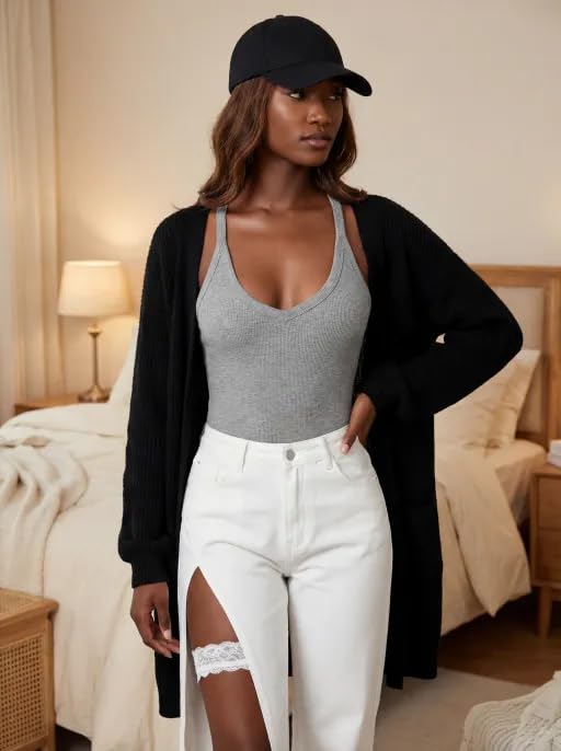 Image of Women's V-Neck Slimming Ribbed Spaghetti Strap Tank Top Summer Sleeveless Sports Vest,Casual and Trendy Basic Vest