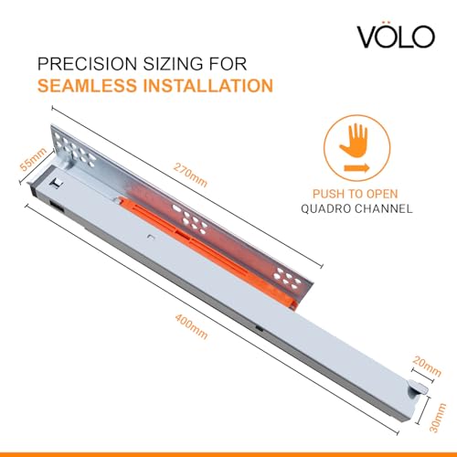 Image of Volo Heavy Duty Drawer Slides, Full Extension Ball Bearing Runners | Pack of 2 Piece | Channels for Kitchen Cabinets, Wardrobes, and Dressers (Undermount (Push to Open), 16 Inch)