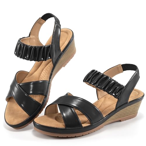 Almusen Womens Wedge Sandals Dressy: Comfortable Elastic Ankle Strap Summer Low Heel Work Sandals for Women 2025 Fashion Wedding Shoes