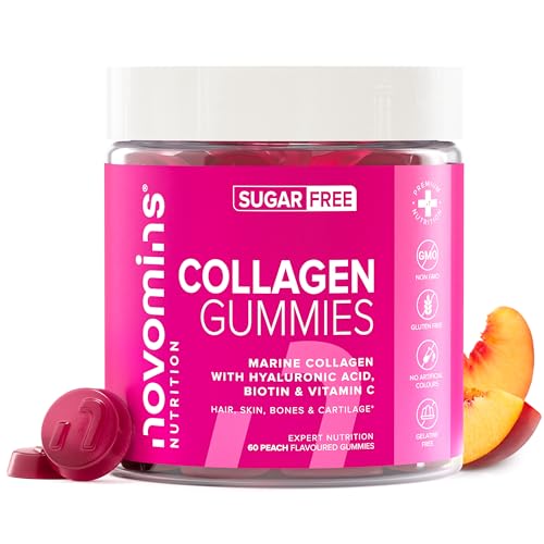 Kollagen Gummibärchen - Zuckerfrei - mit Hyaluronsäure, Vitamin C & Biotin - Marine Collagen Typ 1 - Alternative zu Kollagen Pulver & Kollagen Kapseln - 60 Gummis für Haare, Haut & Knochen - Novomins