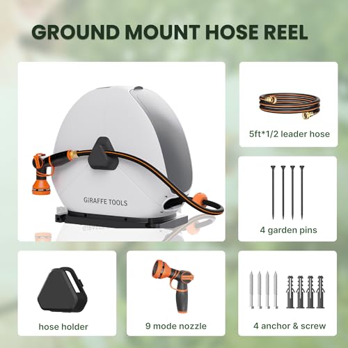 Giraffe Tools Ground Mounted Retractable Hose Reel 1/2 Inch x 130FT, Heavy Duty Automatic Rewind Garden Hose Reel, with Flexible Swivel Base for Lawn, Concrete Floor