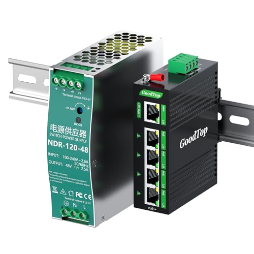 Image of GoodTop Industrial PoE++ Switch 90W, 4 Port Gigabit PoE Switch with 1 Uplink Port, Total 120W Budget, with Power Supply, DIN-Rail Mount, for PTZ Cameras, VoIP Phones, Wireless APs