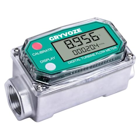 GRYVOZE 3/4 Inch Digital Turbine Fuel Flow Meter, 0.8-13.2 GPM Inline NPT Thread Flowmeter for Water, Diesel, Gas Oil, Gasoline, Kerosene, Methanol, and Other Liquids-Supports Gallon, QTS, PTS, L, m³ Cover