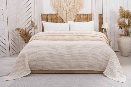 BOHORIA® Tagesdecke 220x240 cm in Waffeloptik NIU Waffle | extra groß | 100prozent Baumwolle | Oeko-Tex® | Überwurf für Sofa, Sessel und Bett | Sofadecke Wolldecke Wohndecke (Natural Cotton, 220 x 240cm)