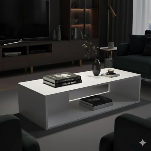 Image of FURLAY Aura Engineered Wood Coffee Table, Minimalist Matte White Coffee Table - 80cm Center Table with Asymmetrical Open Storage & Sleek Geometric Design for Living Room or Office (FWTC5-White)