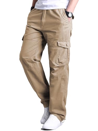 OlmecsHKEU Pantalon Cargo Ete Homme Pantalon de Travail Coupe Droite Taille Elastique Pantalon de Randonnée Kaki L