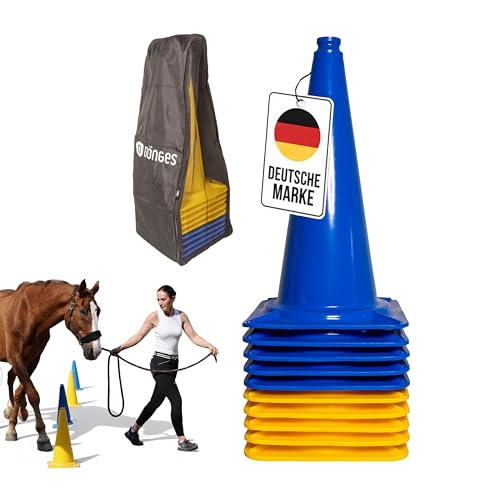 Dönges XXL-Pylonen 10er-Set, 50 cm hoch, blau/gelb mit Transporttasche Hütchen Leitkegel Markierungskegel Agility Pferdesport Bodenarbeit Hundesport Reittraining Slalomparcour Outdoorsport Reitsport