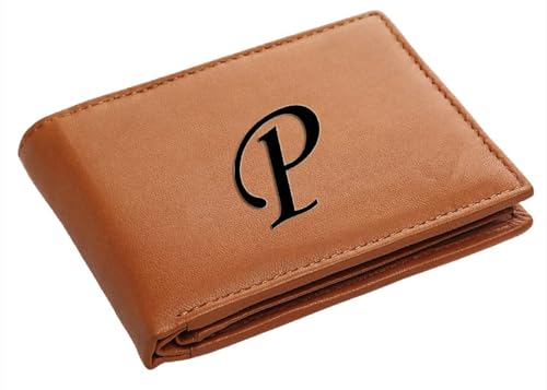 Image of Pu Leather Wallet for Men and Boys Alphabet Name Wallet Gifts for Men | Personalized with Name & Charm Purse - (Color-Tan) (P, Tan)