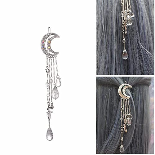 Dadiwey Romantic Rhinestone Crescent Moon Star Charm Hair Clips, Crystal Beads Tassel Drop Hair Pins Chain Hairpin For Women Girls Bridal Jewelry Hair Accessories (Silver) #TOP1