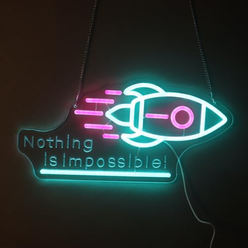Image of inchNothing Is Impossible! inch Rocket Neon Light for Gaming Room Office - Motivational LED Wall Art, Dimmable USB Space-Themed Decor for Study Gym, Inspiring Gift for Gamers Teens Entrepreneurs