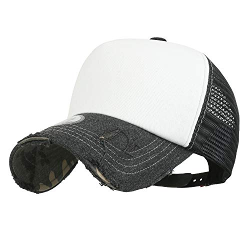 ililily Solid Color Vintage Distressed Mesh Blank Trucker Hat Baseball Cap, Black&White, Medium