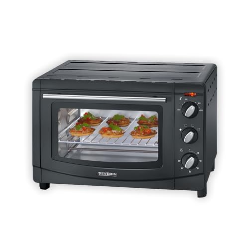 SEVERIN Horno tostador con 4 posiciones, mini horno eléctrico de calentamiento rápido, horno pequeño para pizzas, asados, pasteles y más, 1500 W, 20 L, negro, TO 2067