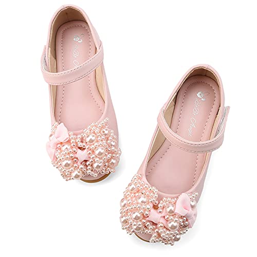 Kid's Girl's Mary Jane Ballerina Flat Pearl Wedding Party Flower Girl Princess Dress Shoes with Bow4