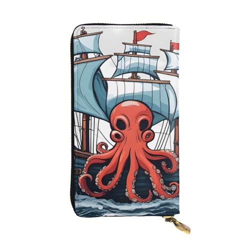Leather Wallet - Stylish and Durable Wallet for Women with Multiple Compartments and Zipper Design Sailing Pirate Octopus Picture