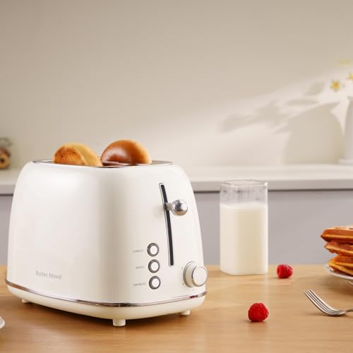 Retro Stainless Steel 2 Slice Toaster with Bagel, Cancel, and Defrost Functions, 6 Bread Shade Settings, Extra Wide Slots and Removable Crumb Tray, Cream Color
