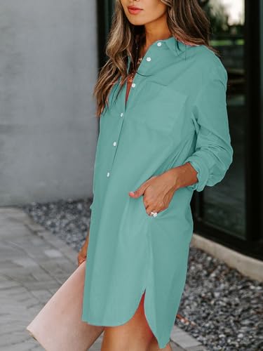 Image of Aoudery Womens Button Down Shirt Dresses with Pockets Cotton Button Up Tunics Long Sleeve Solid High Low Blouse Tops