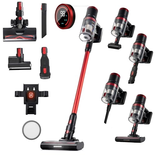 LEHMANN Akku Staubsauger mit 50 Min Laufzeit, Staubsauger Kabellos 4-in-1 mit 4 austauschbaren Aufsätzen ideal für Tierhaare/Teppich/Auto, HEPA-Filter, 4 Saugmodi, LED-Bürste,Touchscreen-Display