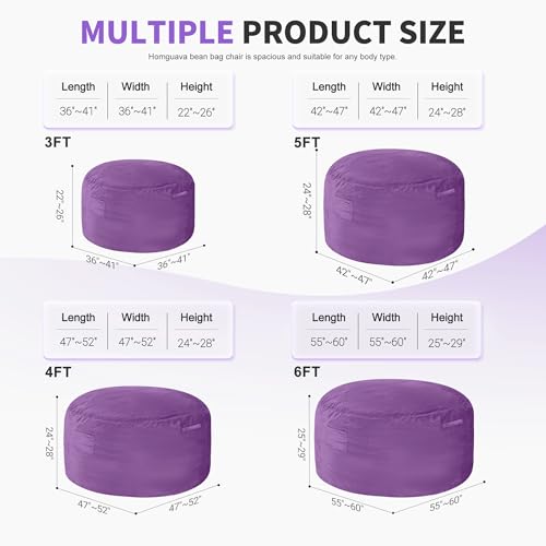 Homguava 6 FT Bean Bag Chair: 6' Bean Bags with Memory Foam Filled, Large Beanbag Chairs Soft Sofa with Dutch Velvet Cover-Purple
