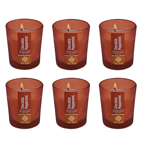 Image of EKAM Chocolate Peppermint Votive Soy Wax Scented Candle, 40 Grams, 10 Hours Burn Time| Long Lasting Premium Candles | Ideal for Home Decor | Gifting & Aromatherapy (Pack of 6)