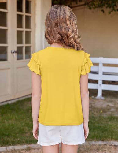 Image of Arshiner Girls T Shirts Ruffle Short Sleeve Summer Pleated Crewneck Casual Tops Tees Blouses