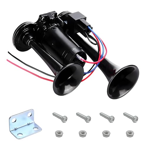 BWBWND 12V Car Air Horn, 120DB Dual Trumpets Super Loud Train Electric Horns with Compressor, Air Horns Speaker Kit Compatible with Cars SUVs Trucks Boats, Car Accessories (Black)