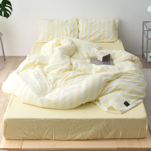 Glan グラン NERUS 正規品 布団カバー セット ガーゼ生地 ストライプ 掛け布団カバー セット ボックスシーツ ベッドシーツ 綿100 3点セット シーツ 掛布団カバー 韓国 おしゃれ (イエロー, シングル)