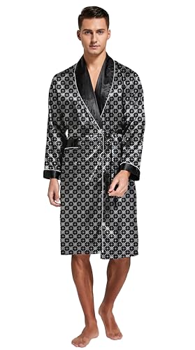 Image of TONY AND CANDICE Men's Satin Robe Lightweight Long Sleeve Silk Kimono Bathrobe with Shorts Set Sleepwear