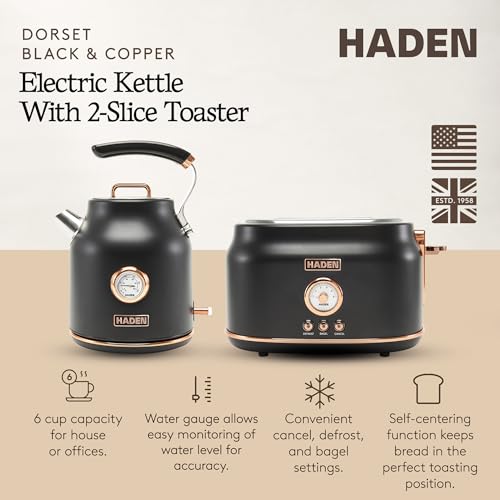 Haden Dorset 1.7 Liter Stainless Steel Electric Kettle with 360-Degree Base Bundled with 2 Slice Wide Slot Stainless Steel Toaster, Black & Copper