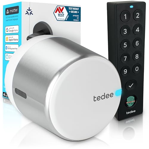 tedee Lock GO 2 Aluminium Set |smartes Türschloss Silber|biometrisches Tastenfeld Schwarz | Smart Home iOS Android |Bluetooth| Motorschloss | PIN+Fingerprint | keine Installationshardware
