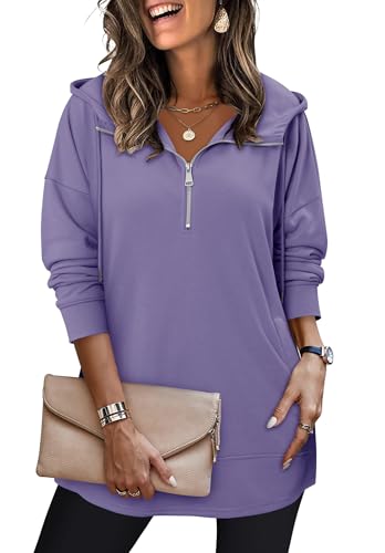 onlypuff Women Hoodie Pullover Trendy Quarter Zipper Lapel Sweatshirts Drawstring Cute Hooded Tunic Tops with Side Pockets